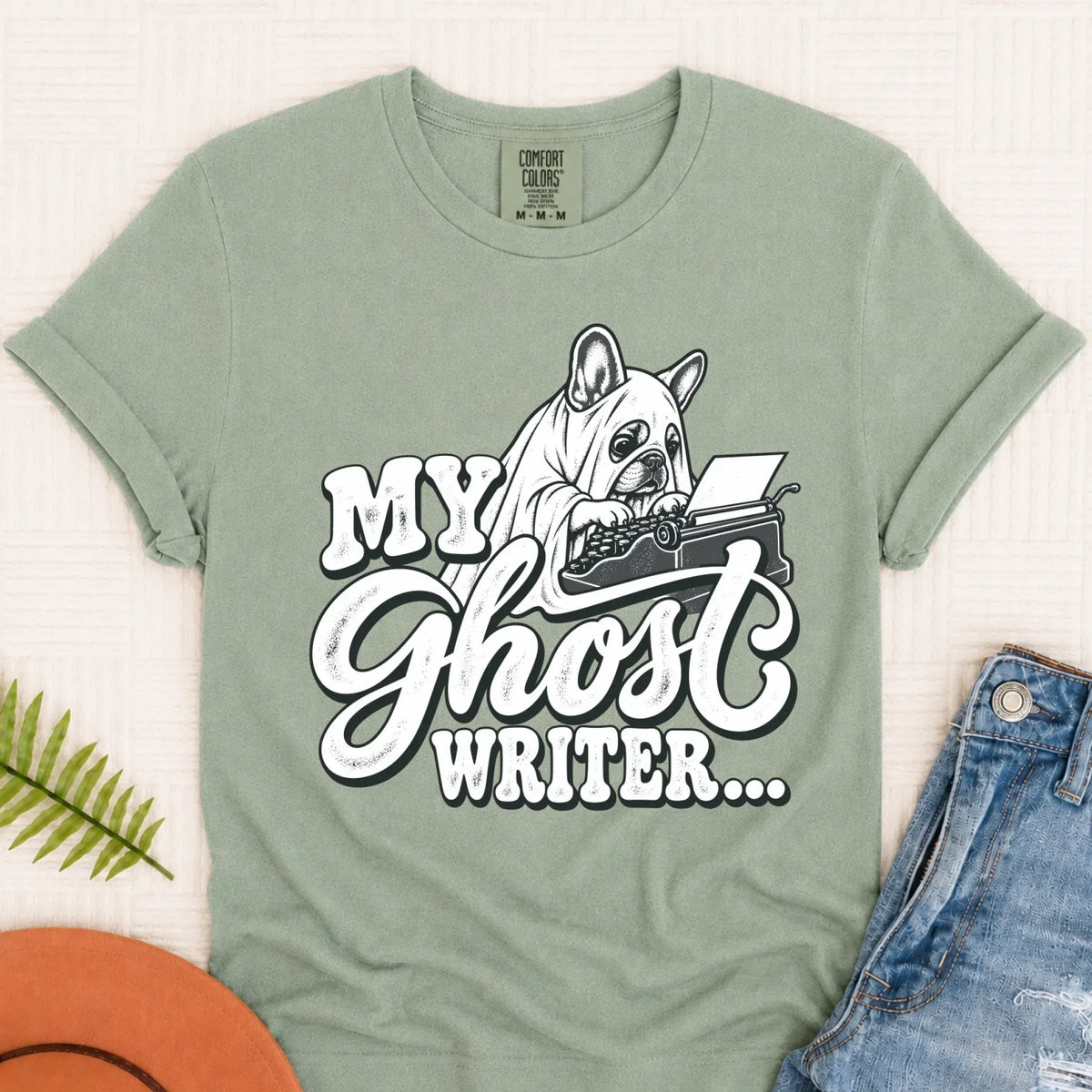 Frenchie Ghost Writer Halloween Unisex Tshirt Bay