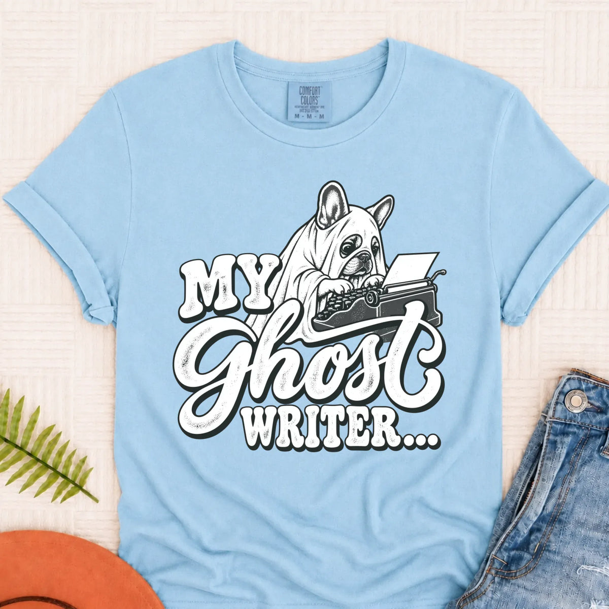 Frenchie Ghost Writer Halloween Unisex Tshirt Chambray