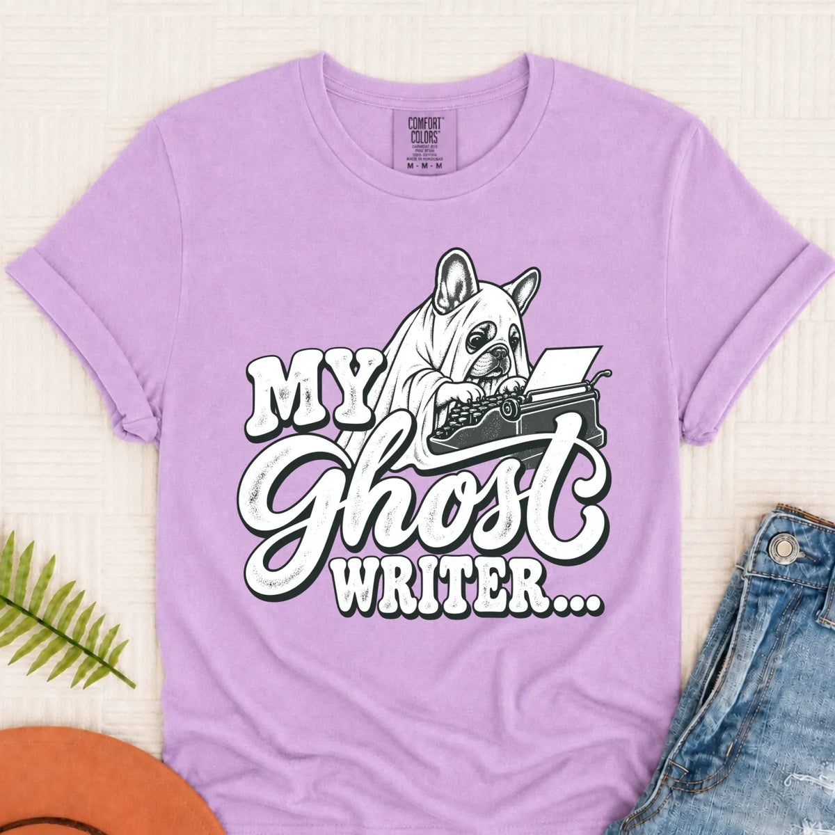 Frenchie Ghost Writer Halloween Unisex Tshirt Orchid