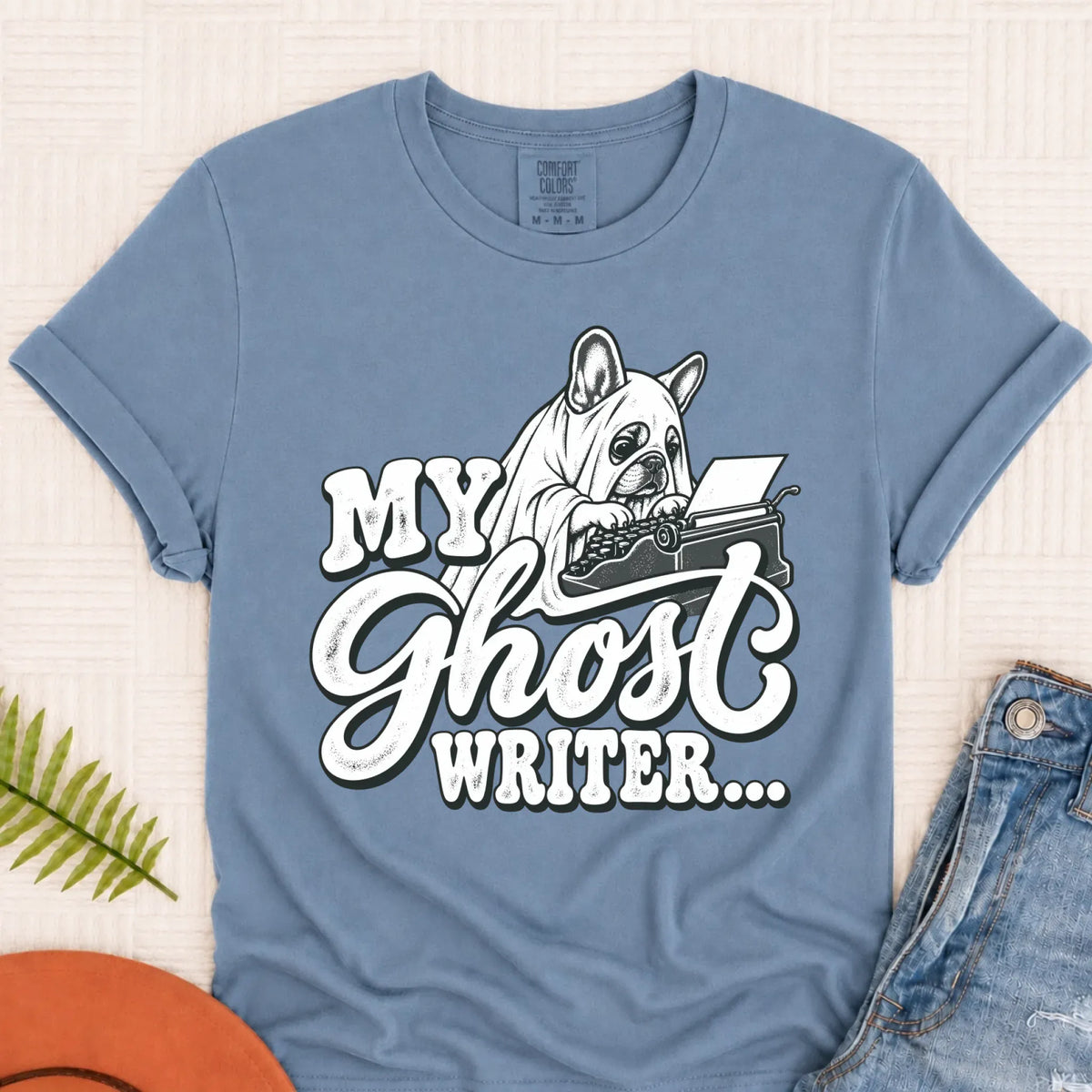 Frenchie Ghost Writer Halloween Unisex Tshirt Blue Jean