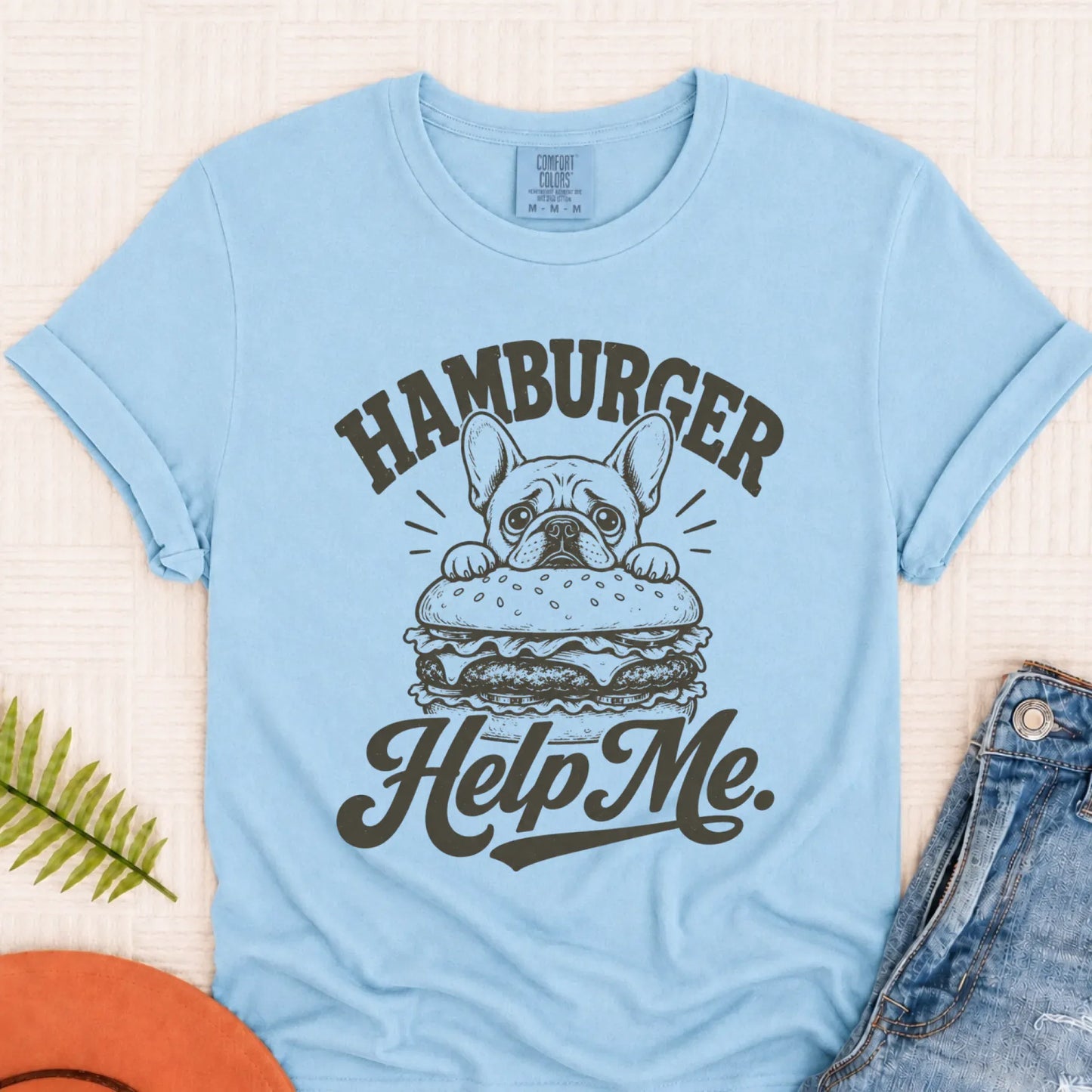Frenchie Grill Hamburger Help Me Unisex Tshirt Chambray