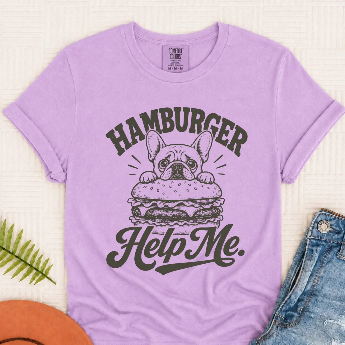 Frenchie Grill Hamburger Help Me Unisex Tshirt Orchid