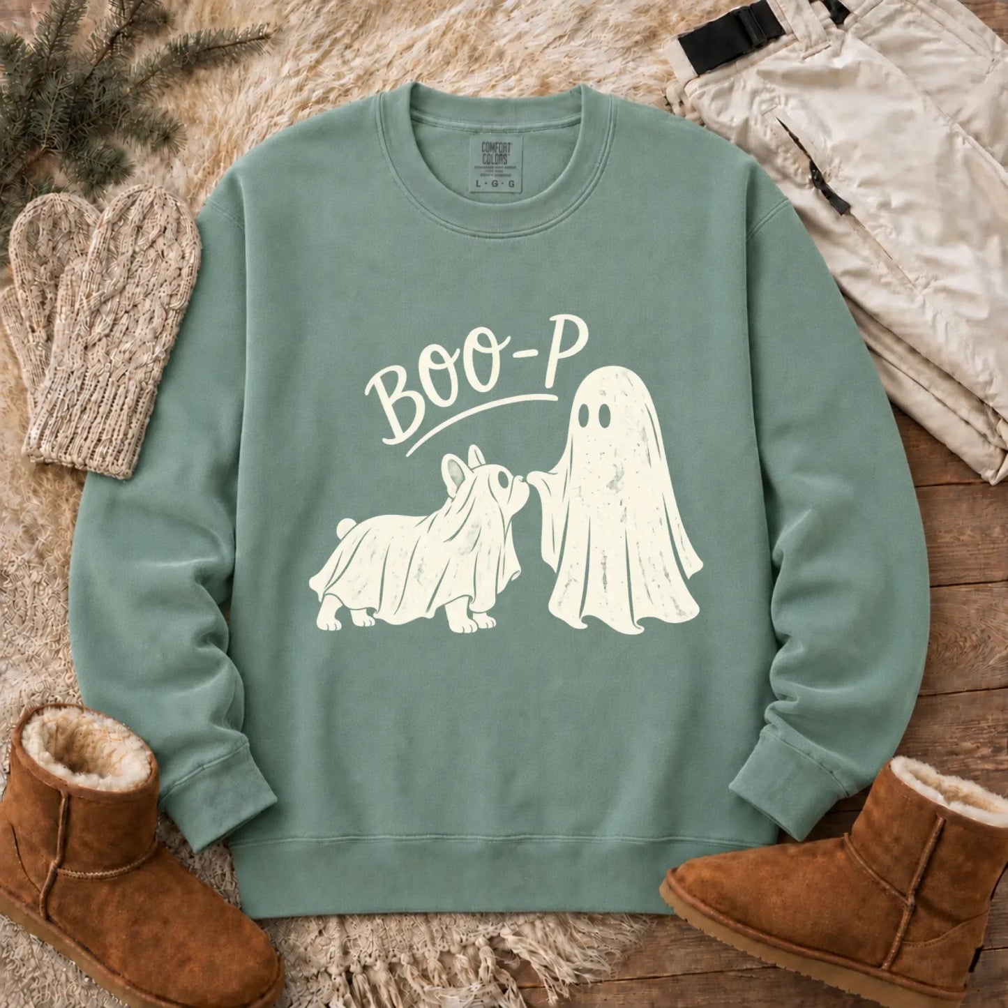 Sweatshirt Light Green / S Frenchie Halloween Boop Ghost Dog Unisex Sweatshirt