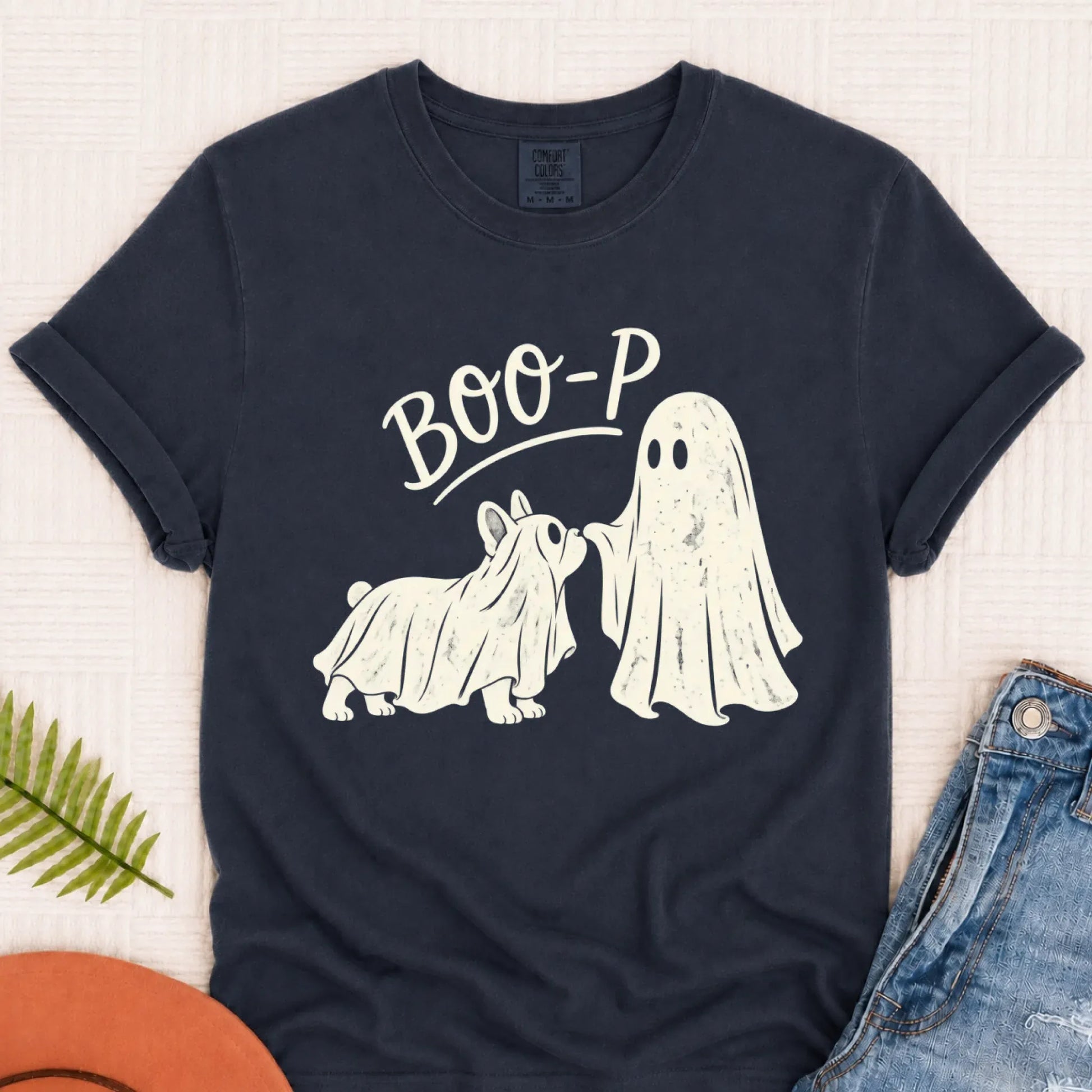 T-Shirt Navy / S Frenchie Halloween Boop Ghost Dog Unisex Tshirt