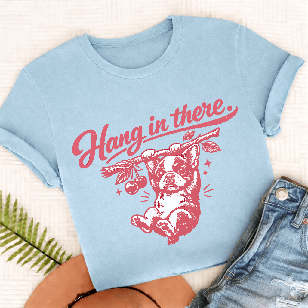 Frenchie Hang In There Unisex Tshirt Comfort Colors Chambray