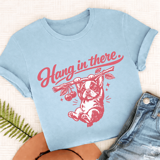Frenchie Hang In There Unisex Tshirt Comfort Colors Chambray