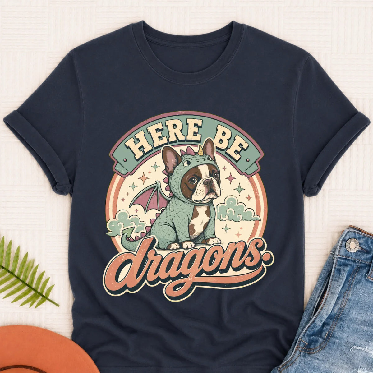 Frenchie Here Be Dragons Unisex TShirt Navy