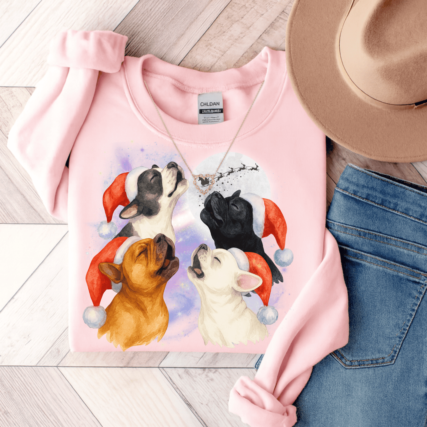Frenchie Howliday Sweatshirt Light Pink