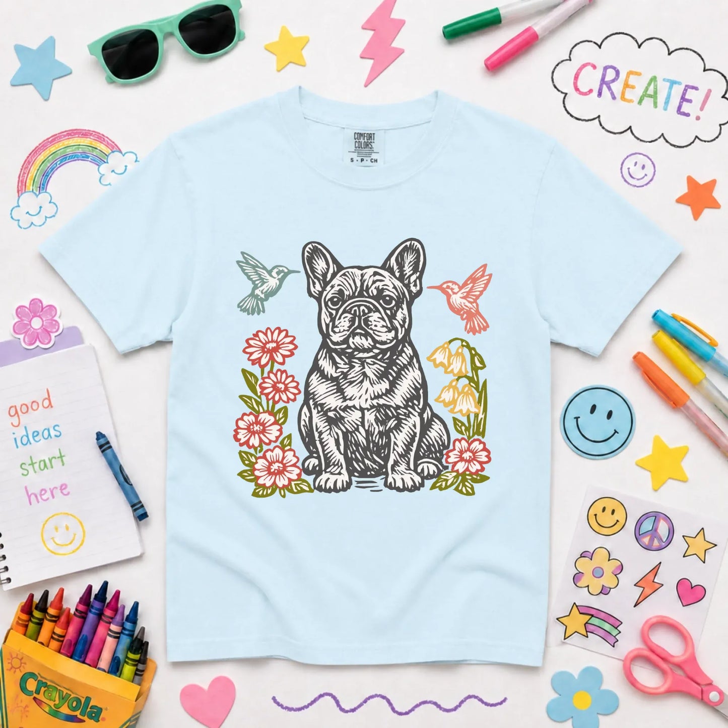 Frenchie Hummingbirds Flowers Unisex YOUTH TShirt NEW Youth Midweight Tee Chambray