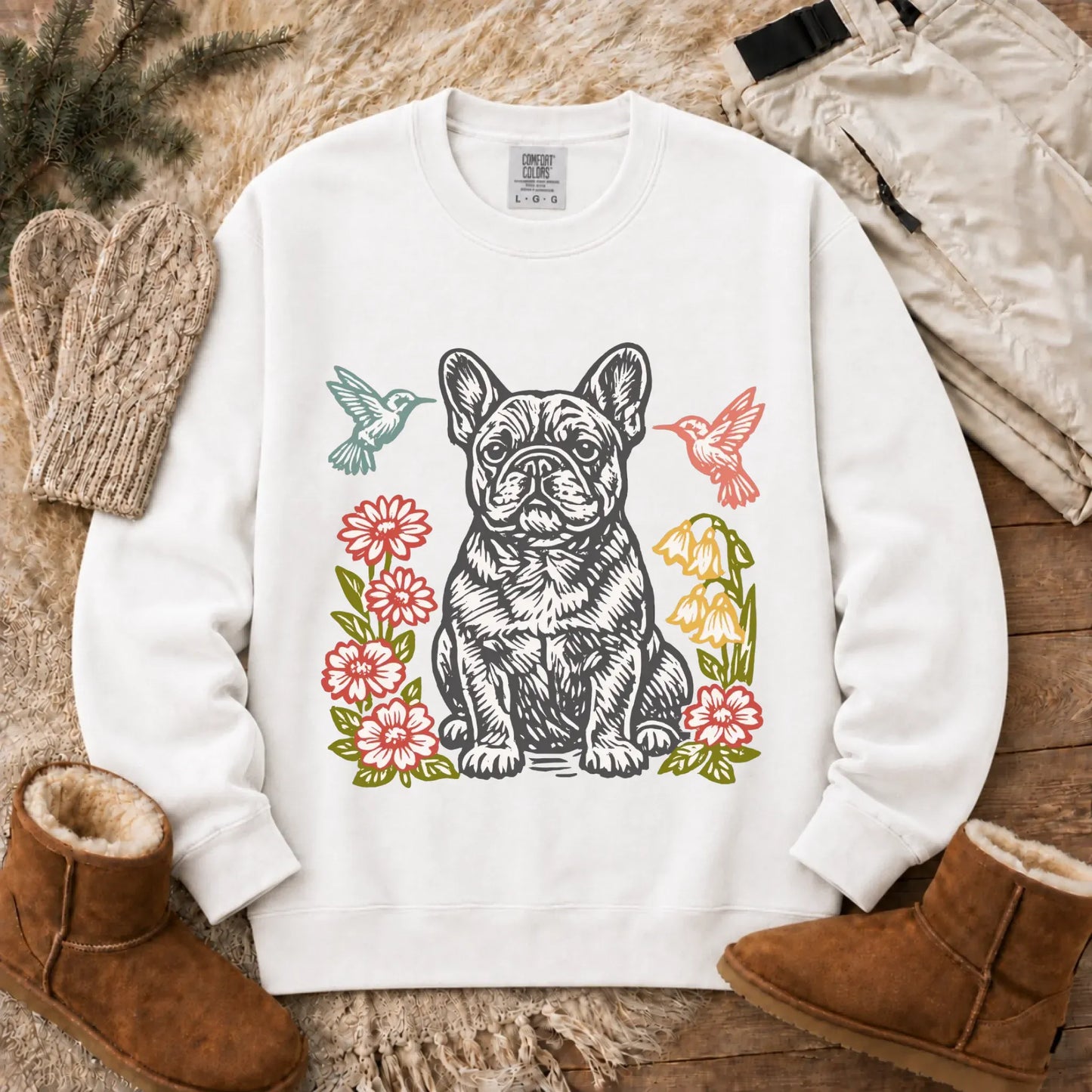 Frenchie Hummingbirds Garden Unisex Sweatshirt White