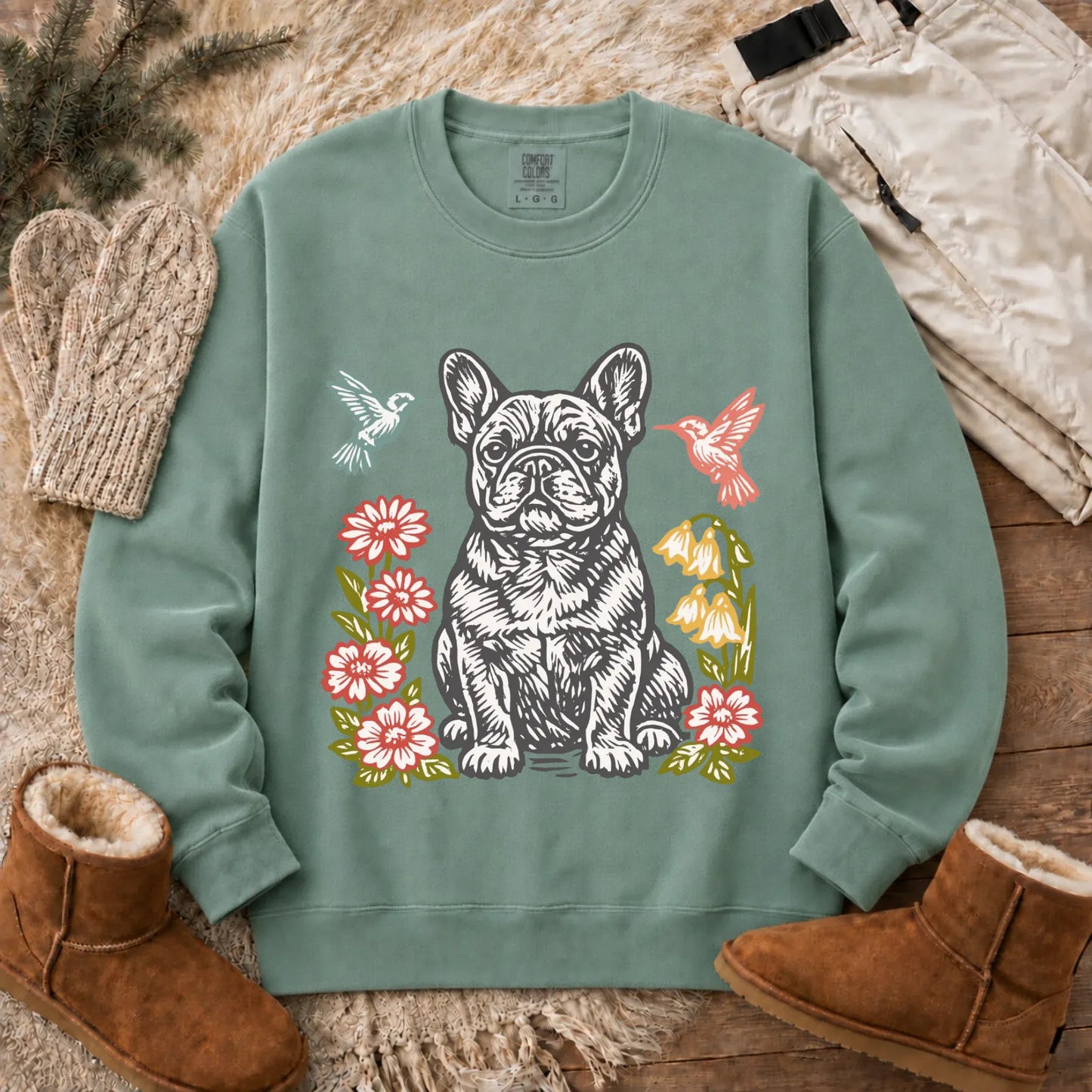 Frenchie Hummingbirds Garden Unisex Sweatshirt Light Green
