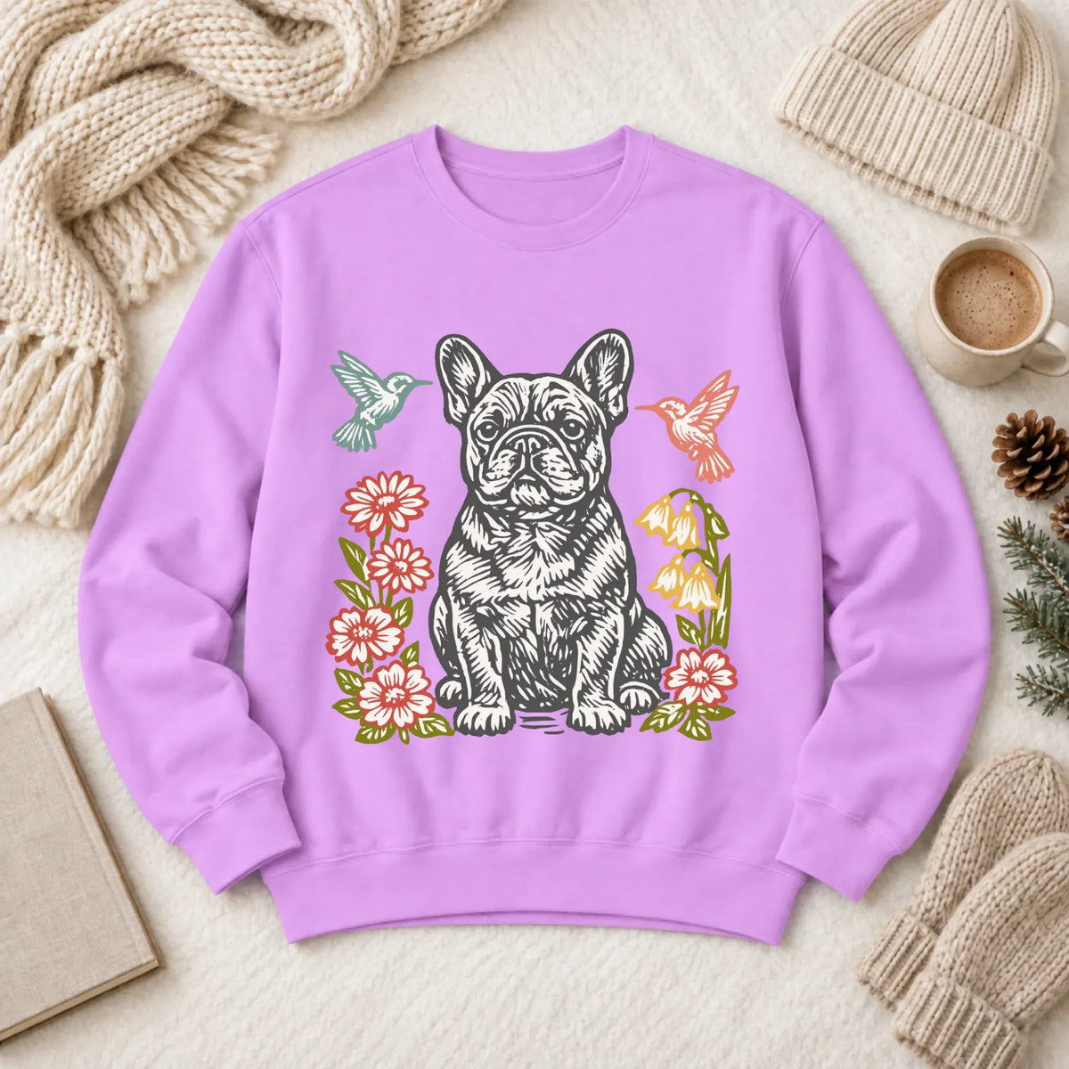 Frenchie Hummingbirds Garden Unisex Sweatshirt Neon Violet