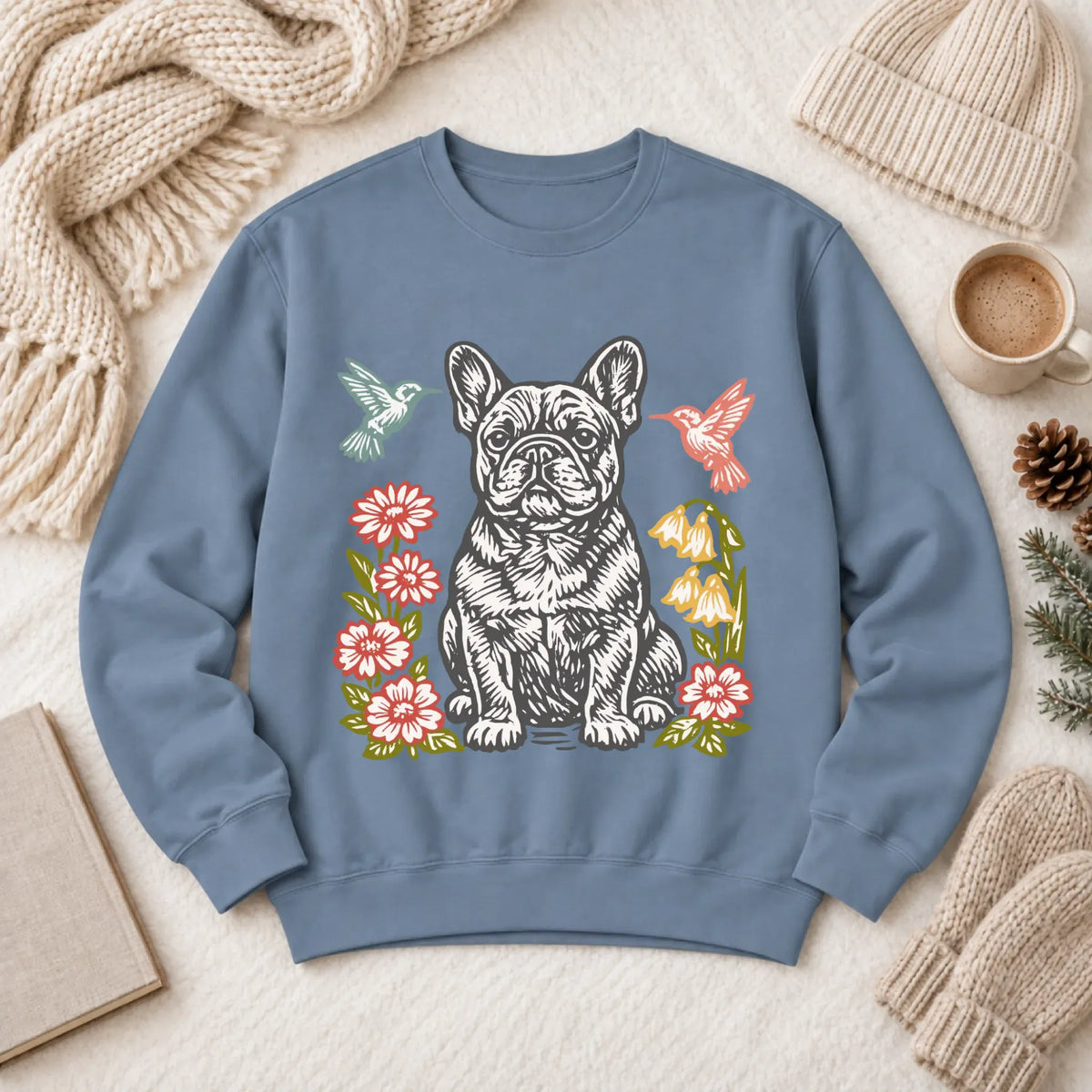 Frenchie Hummingbirds Garden Unisex Sweatshirt Blue Jean