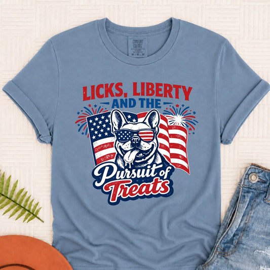 Frenchie Licks and Liberty USA Unisex TShirt Blue Jean