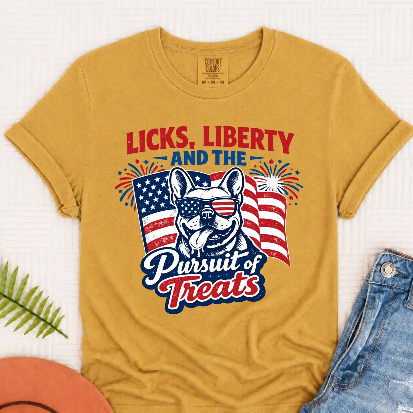 Frenchie Licks and Liberty USA Unisex TShirt Mustard