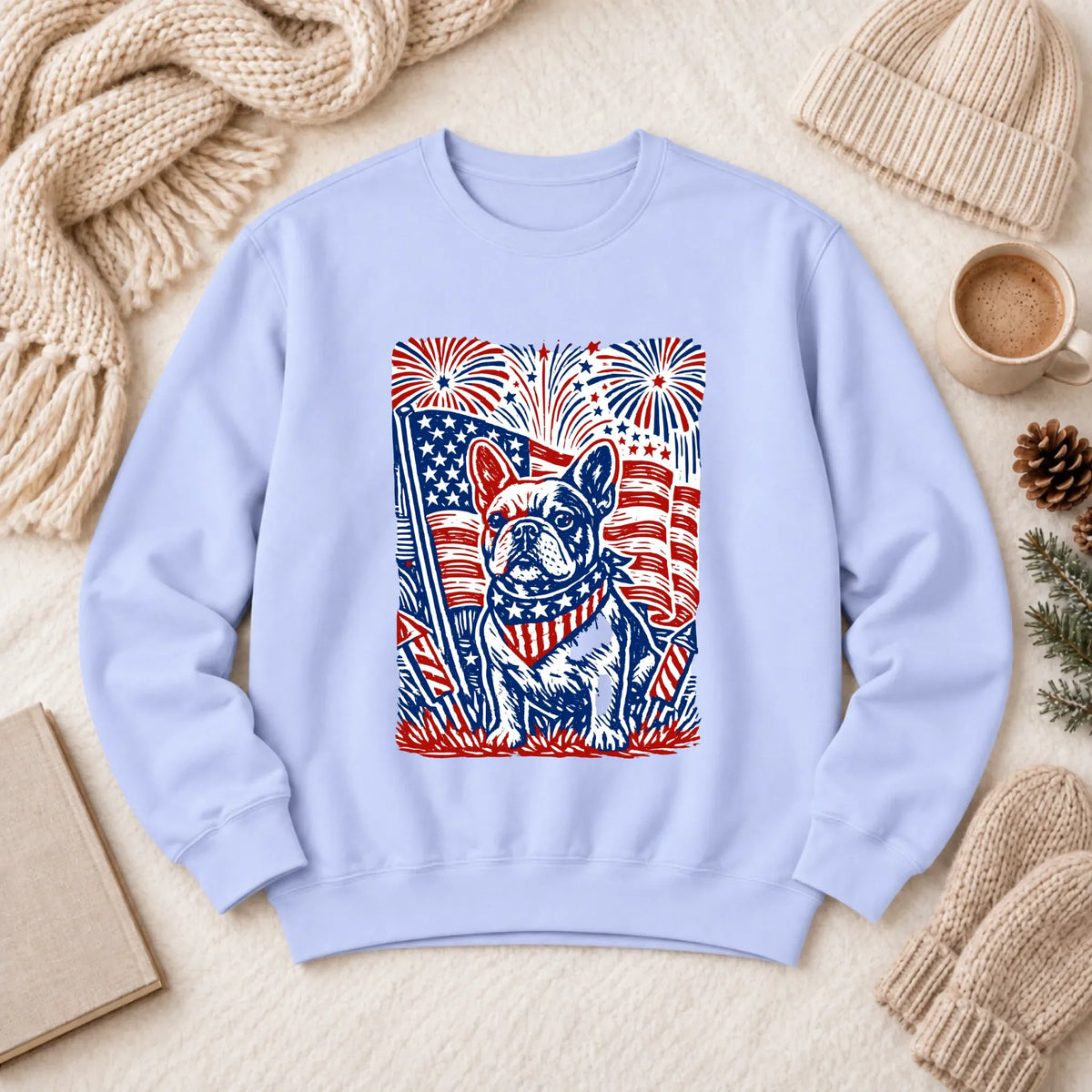 Frenchie Linocut 4th of July USA Unisex Sweatshirt Hydrangea
