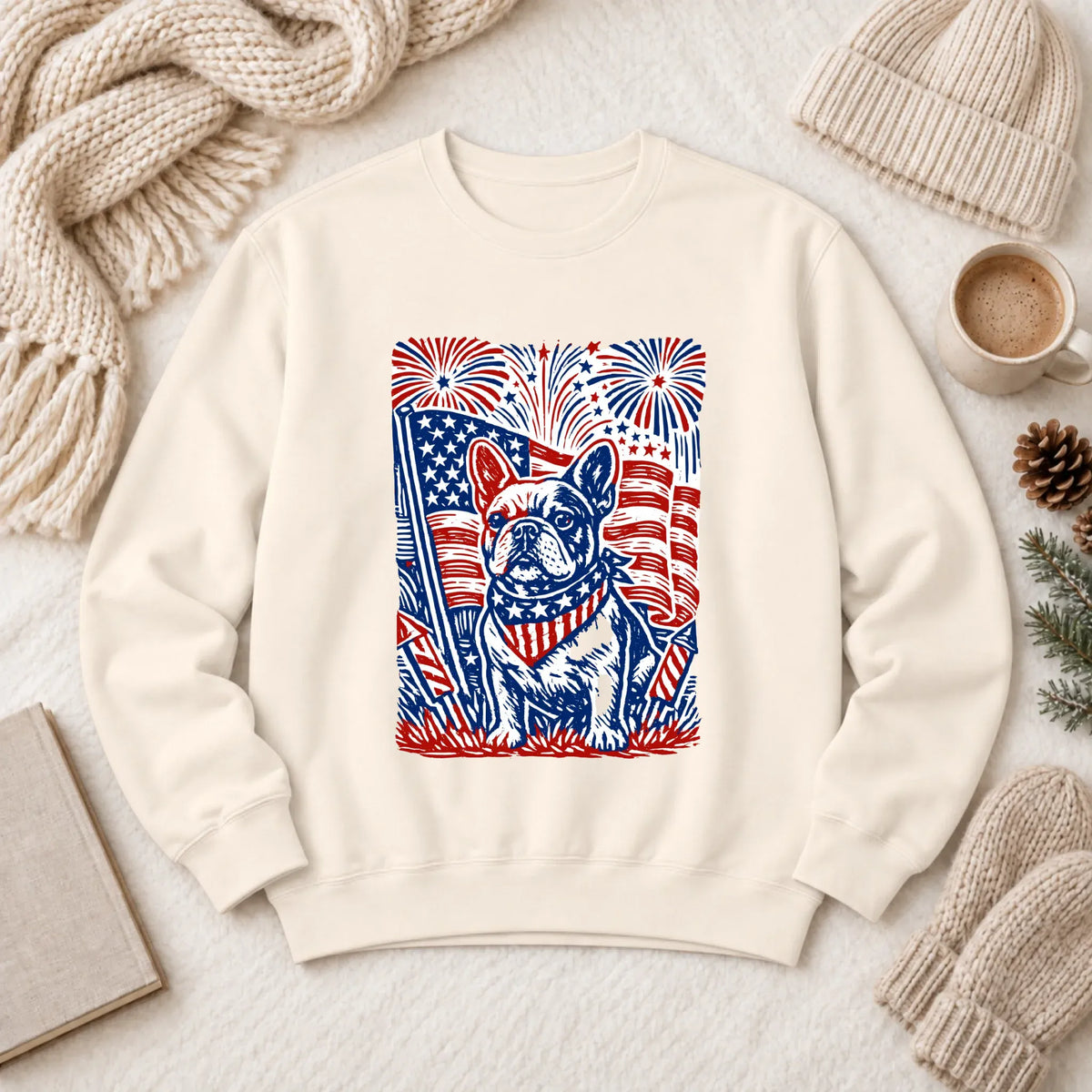 Frenchie Linocut 4th of July USA Unisex Sweatshirt Ivory