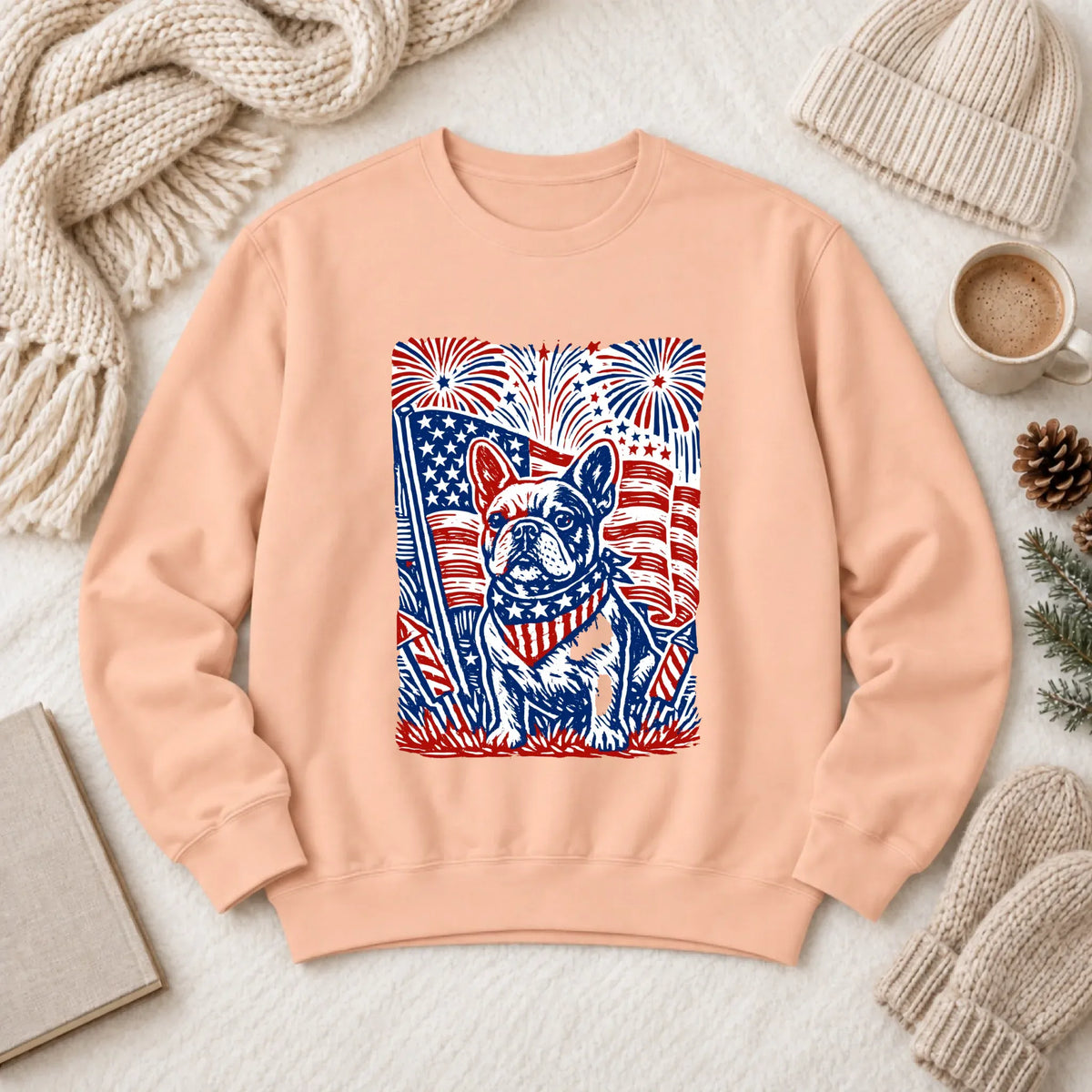 Frenchie Linocut 4th of July USA Unisex Sweatshirt Peachy