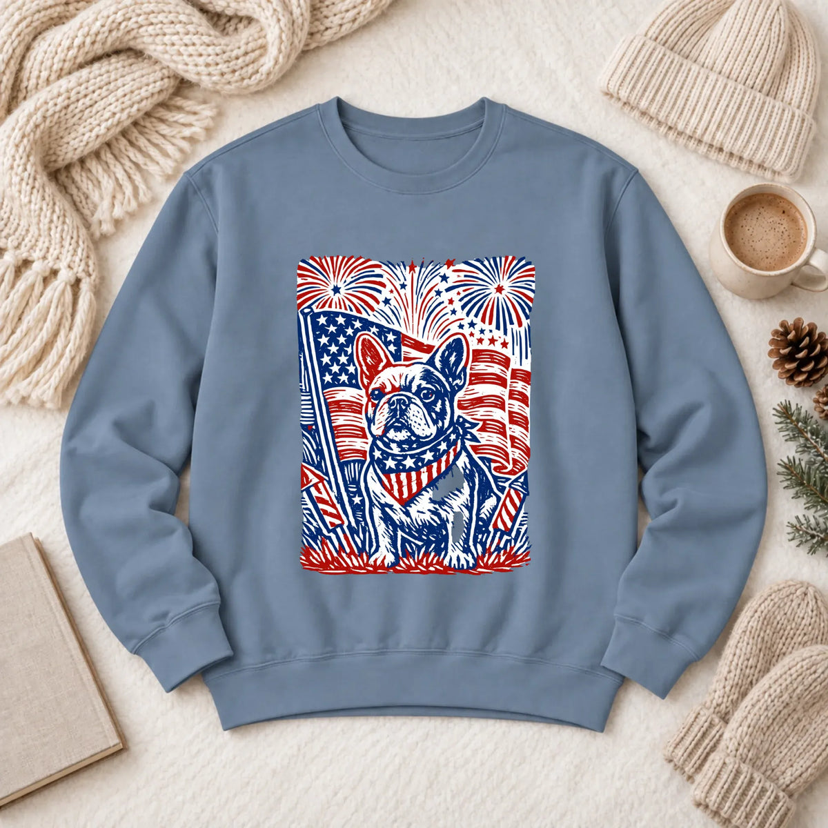 Frenchie Linocut 4th of July USA Unisex Sweatshirt Blue Jean
