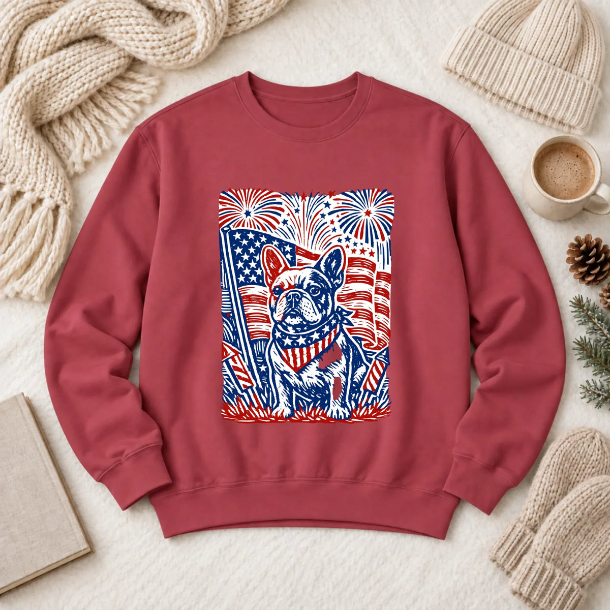 Frenchie Linocut 4th of July USA Unisex Sweatshirt Crimson