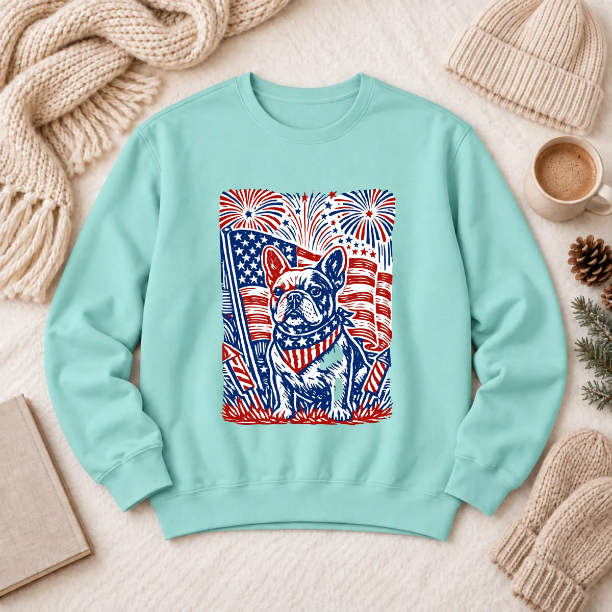 Frenchie Linocut 4th of July USA Unisex Sweatshirt Chalky Mint