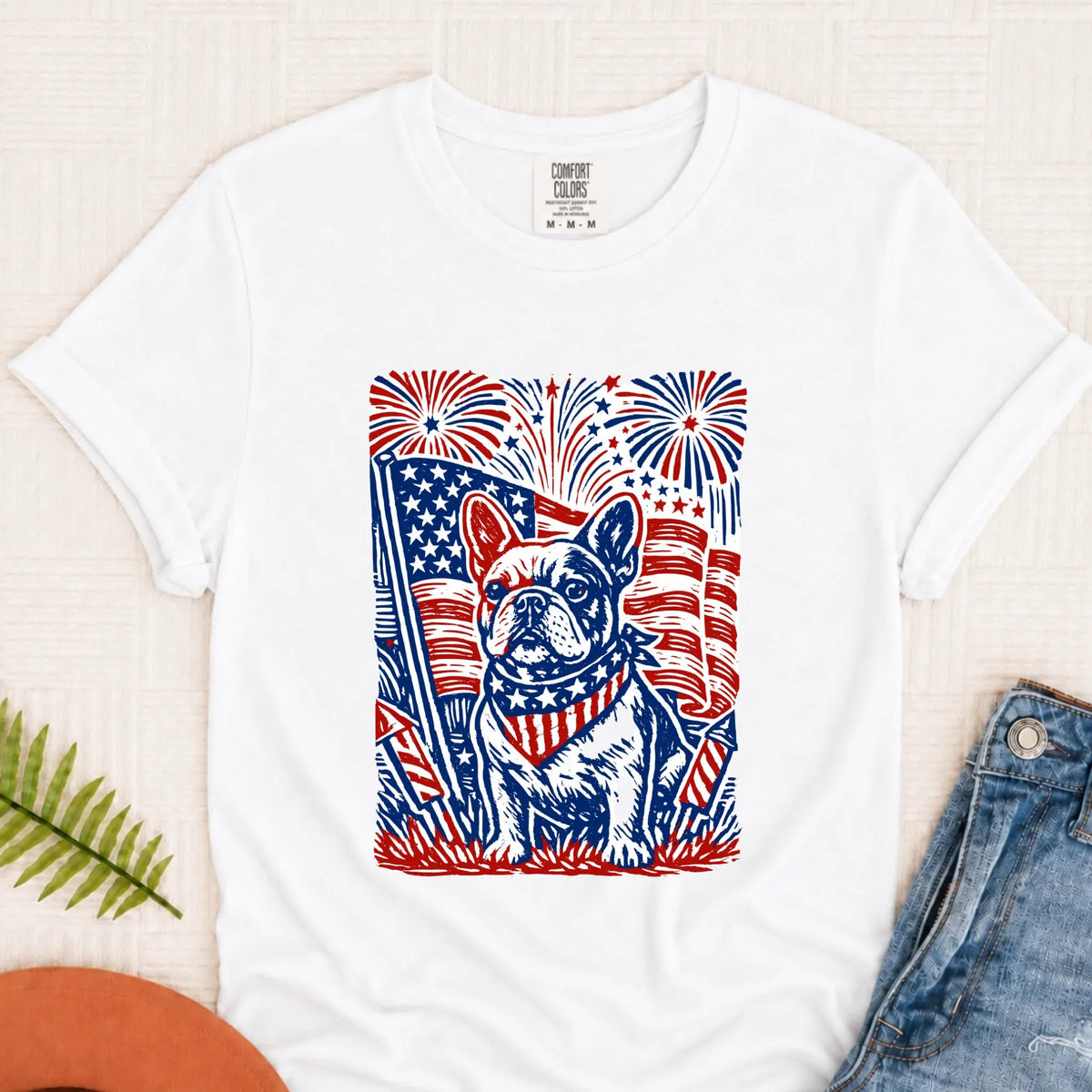 Frenchie Linocut 4th of July USA Unisex TShirt White