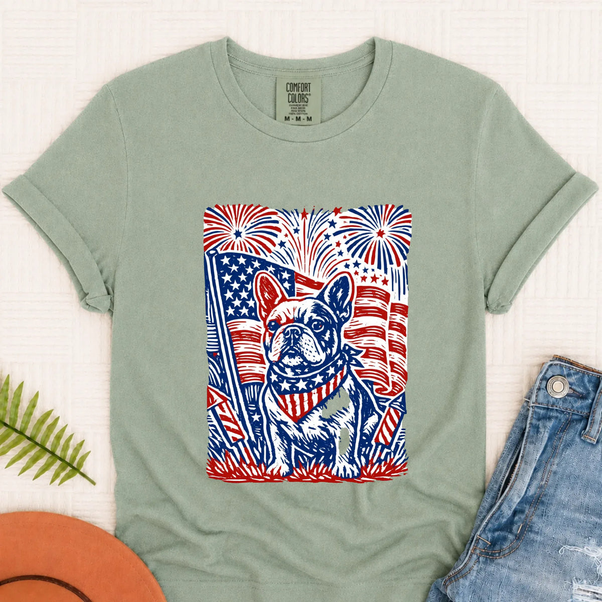 Frenchie Linocut 4th of July USA Unisex TShirt Bay