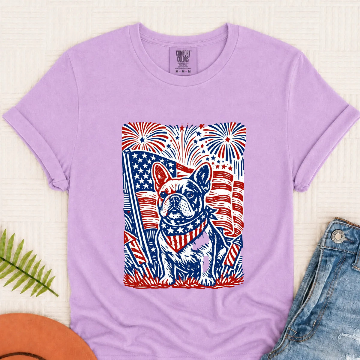 Frenchie Linocut 4th of July USA Unisex TShirt Orchid