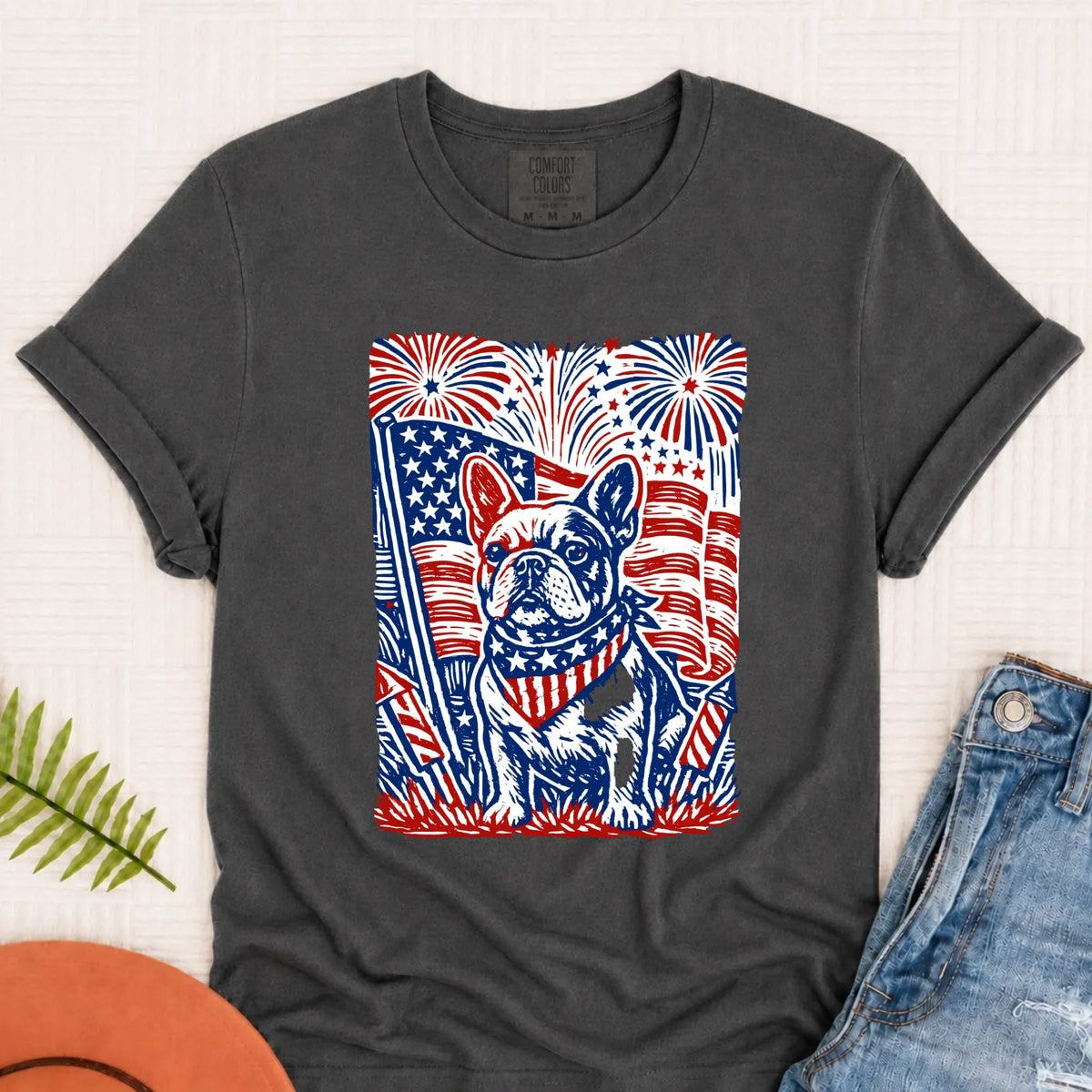 Frenchie Linocut 4th of July USA Unisex TShirt Pepper