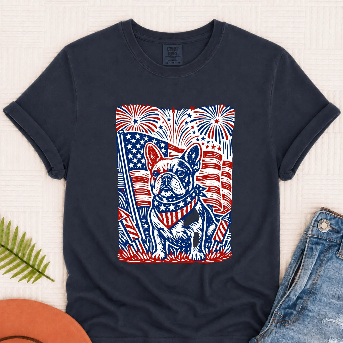 Frenchie Linocut 4th of July USA Unisex TShirt Navy