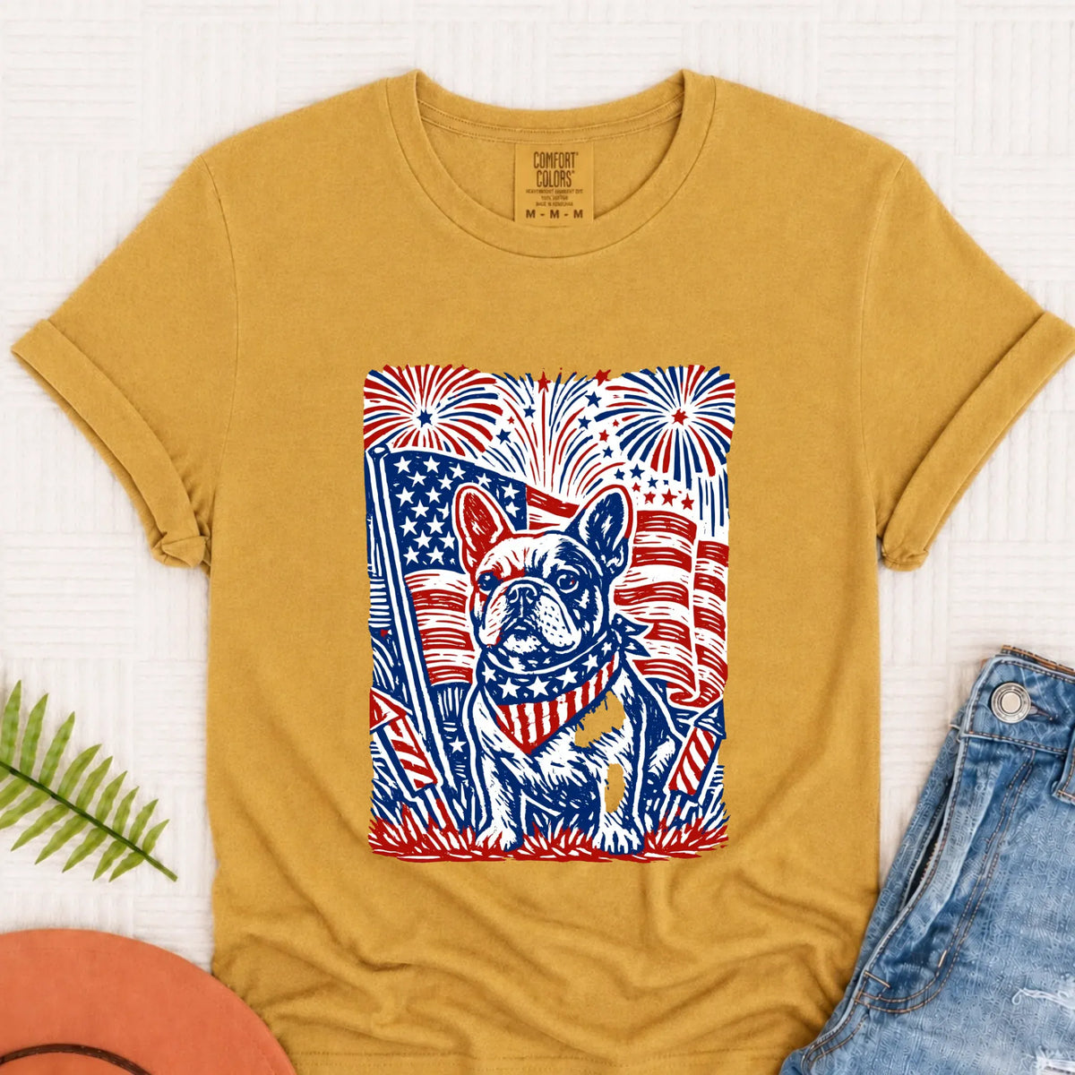 Frenchie Linocut 4th of July USA Unisex TShirt Mustard
