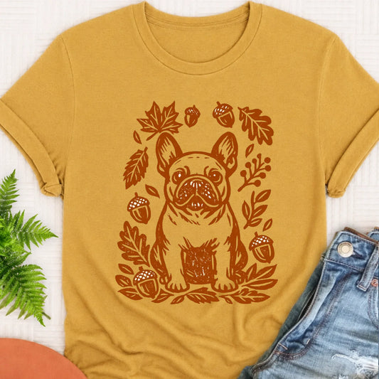 Frenchie Linocut Fall Leaves Unisex TShirt Mustard