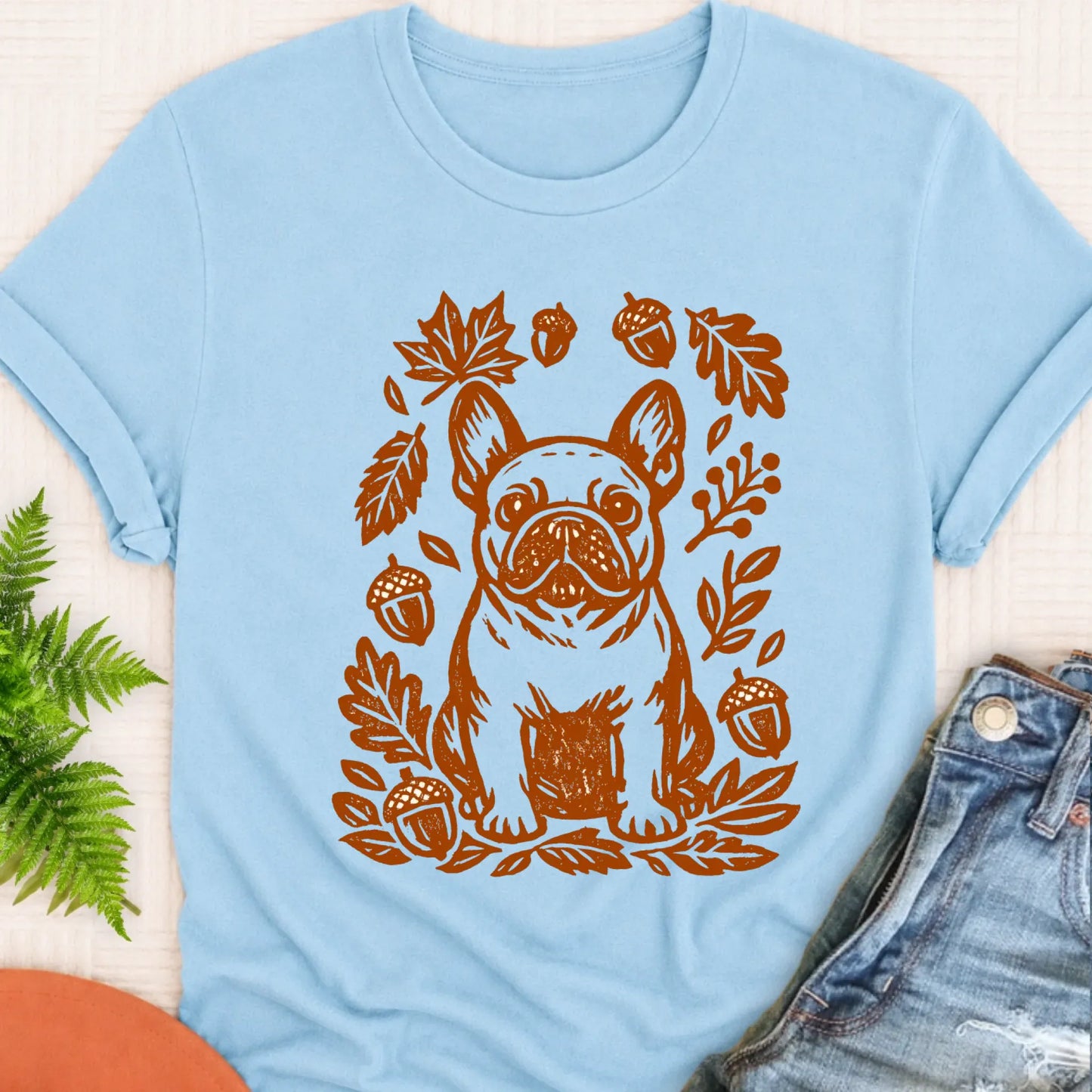 T-Shirt Chambray / S Frenchie Linocut Fall Leaves Unisex TShirt