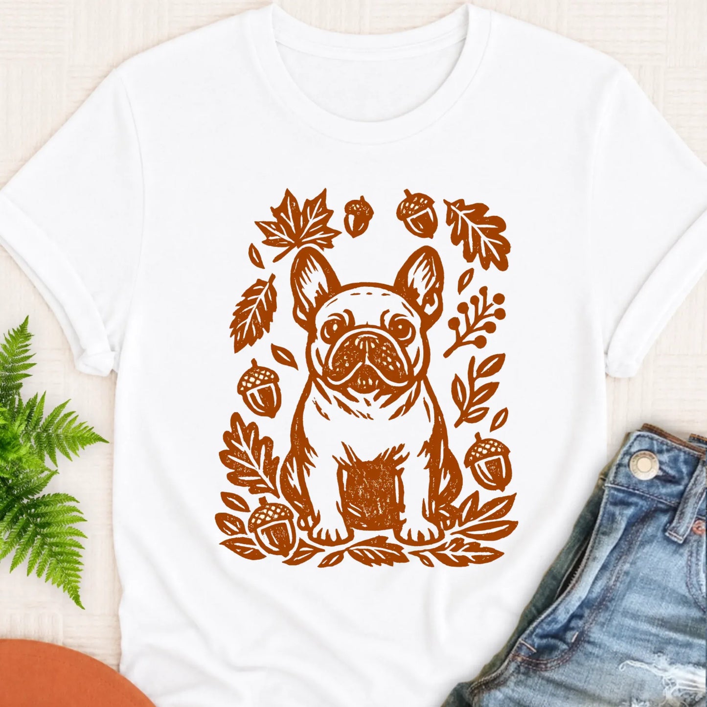 T-Shirt White / S Frenchie Linocut Fall Leaves Unisex TShirt