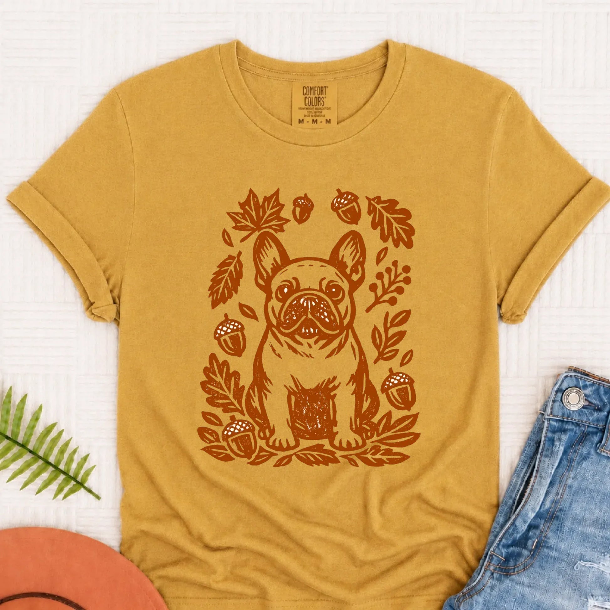 Frenchie Linocut Fall Leaves Unisex TShirt Mustard