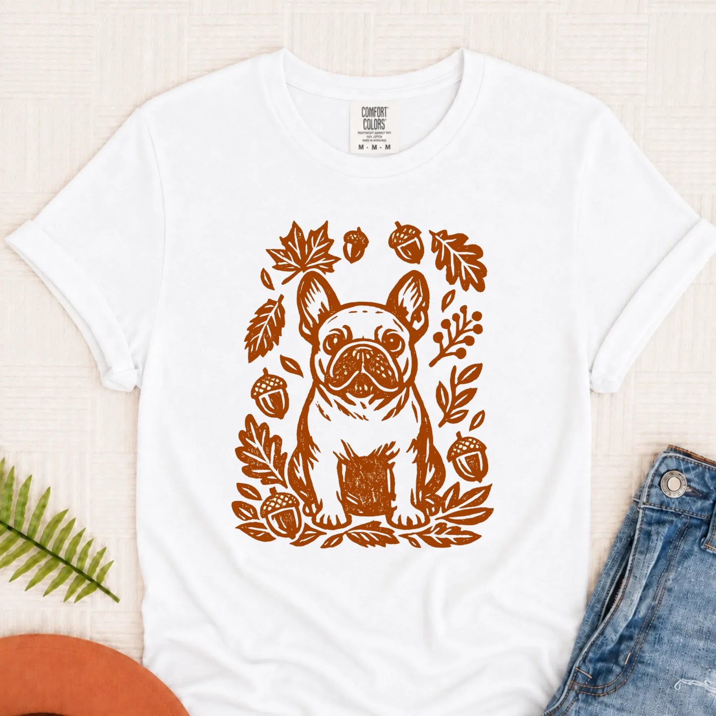 Frenchie Linocut Fall Leaves Unisex TShirt White