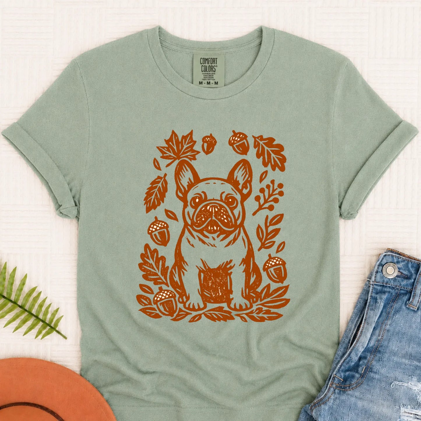 Frenchie Linocut Fall Leaves Unisex TShirt Bay