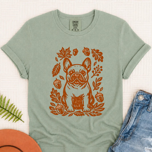 Frenchie Linocut Fall Leaves Unisex TShirt Bay