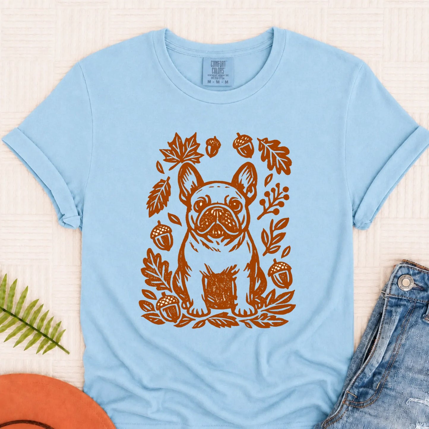 Frenchie Linocut Fall Leaves Unisex TShirt Chambray