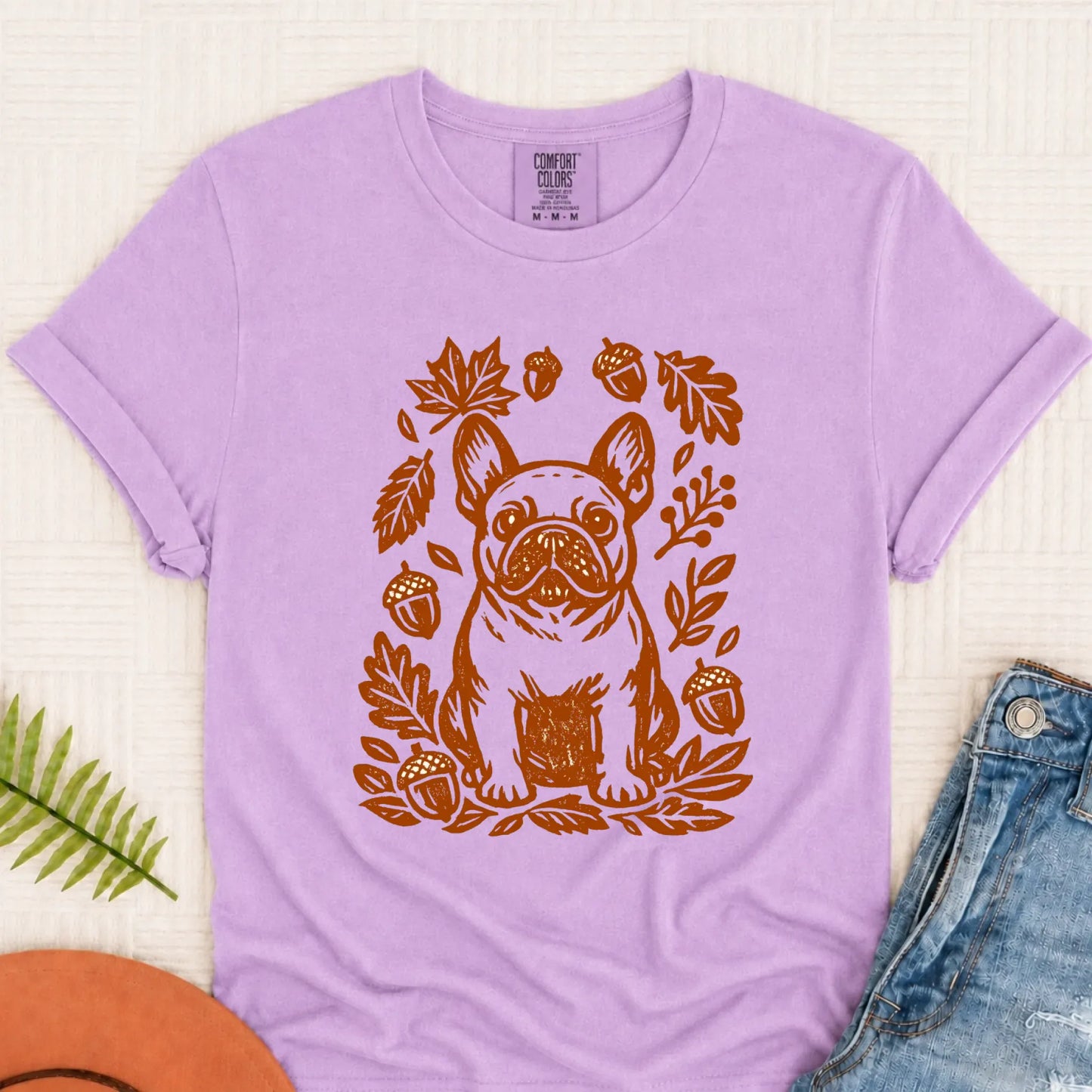 Frenchie Linocut Fall Leaves Unisex TShirt Orchid