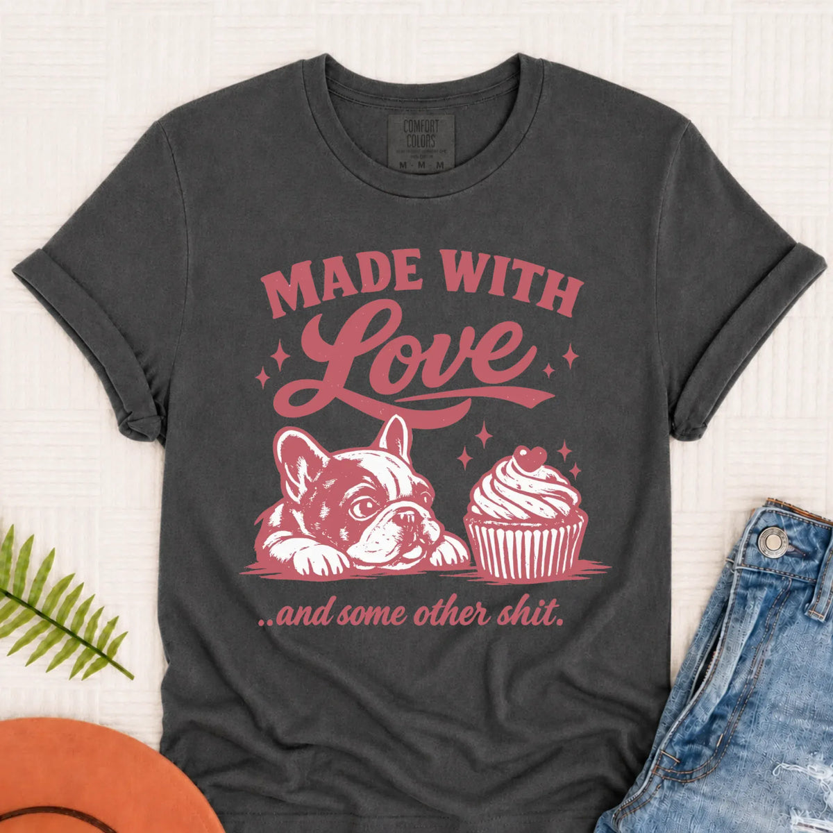 Frenchie Made with Love Cupcakes Unisex TShirt Pepper