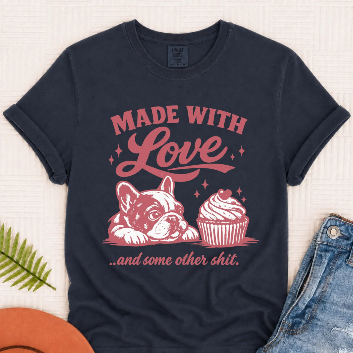 Frenchie Made with Love Cupcakes Unisex TShirt Navy