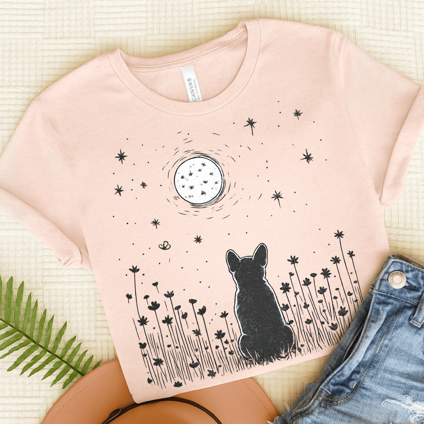 Frenchie Moonlight Night Unisex TShirt Soft Pink