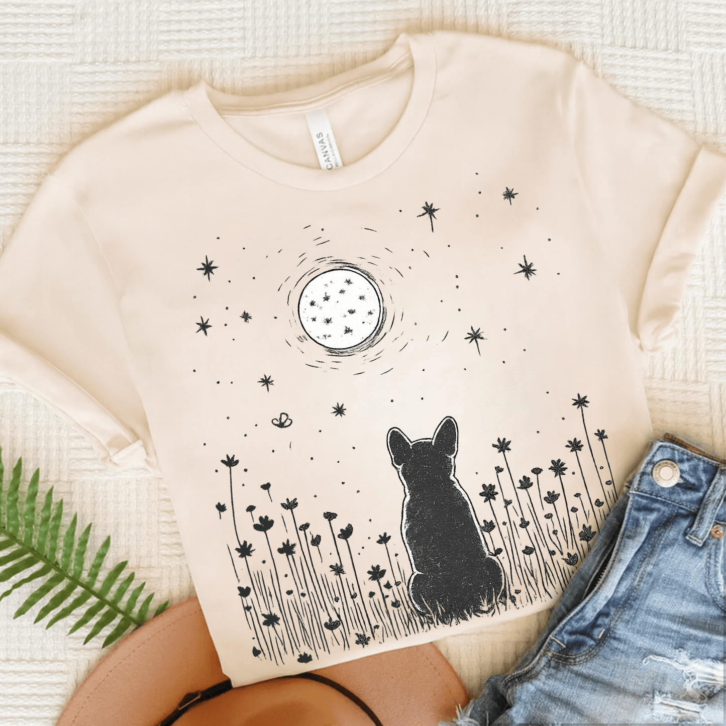Frenchie Moonlight Night Unisex TShirt Natural