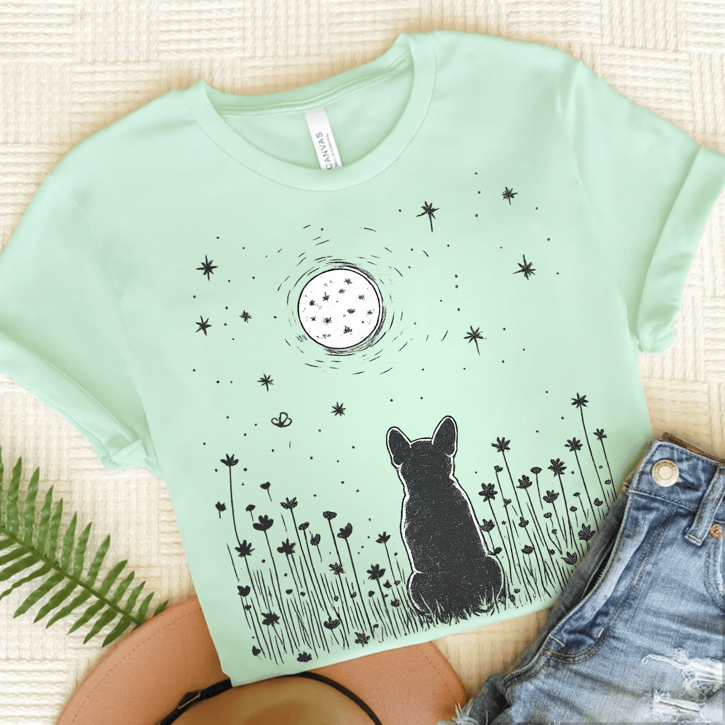 Frenchie Moonlight Night Unisex TShirt Heather Mint