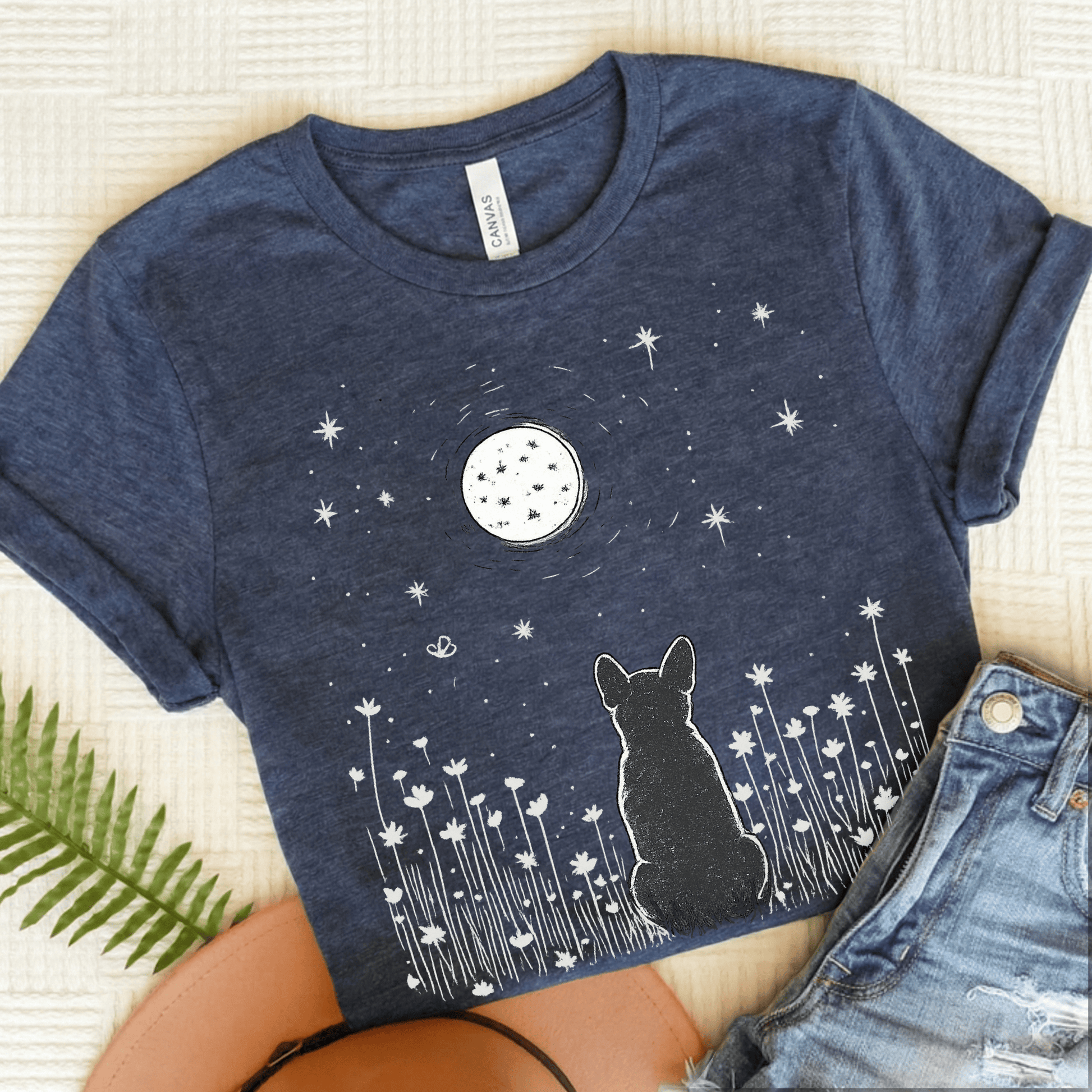 Frenchie Moonlight Night Unisex TShirt Heather Navy