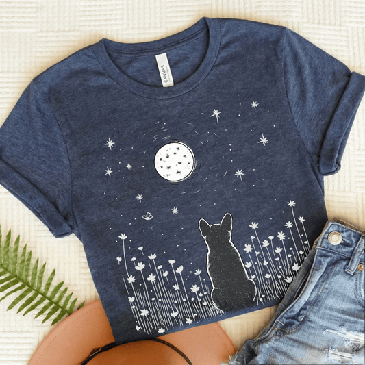 Frenchie Moonlight Night Unisex TShirt Heather Navy