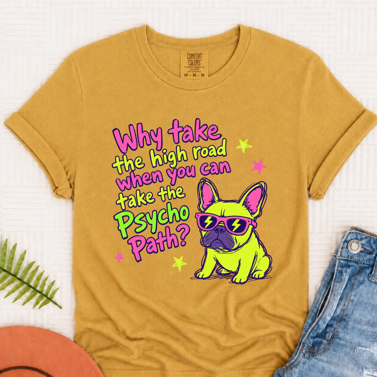 Frenchie Neon Psycho Path Unsiex Tshirt Mustard
