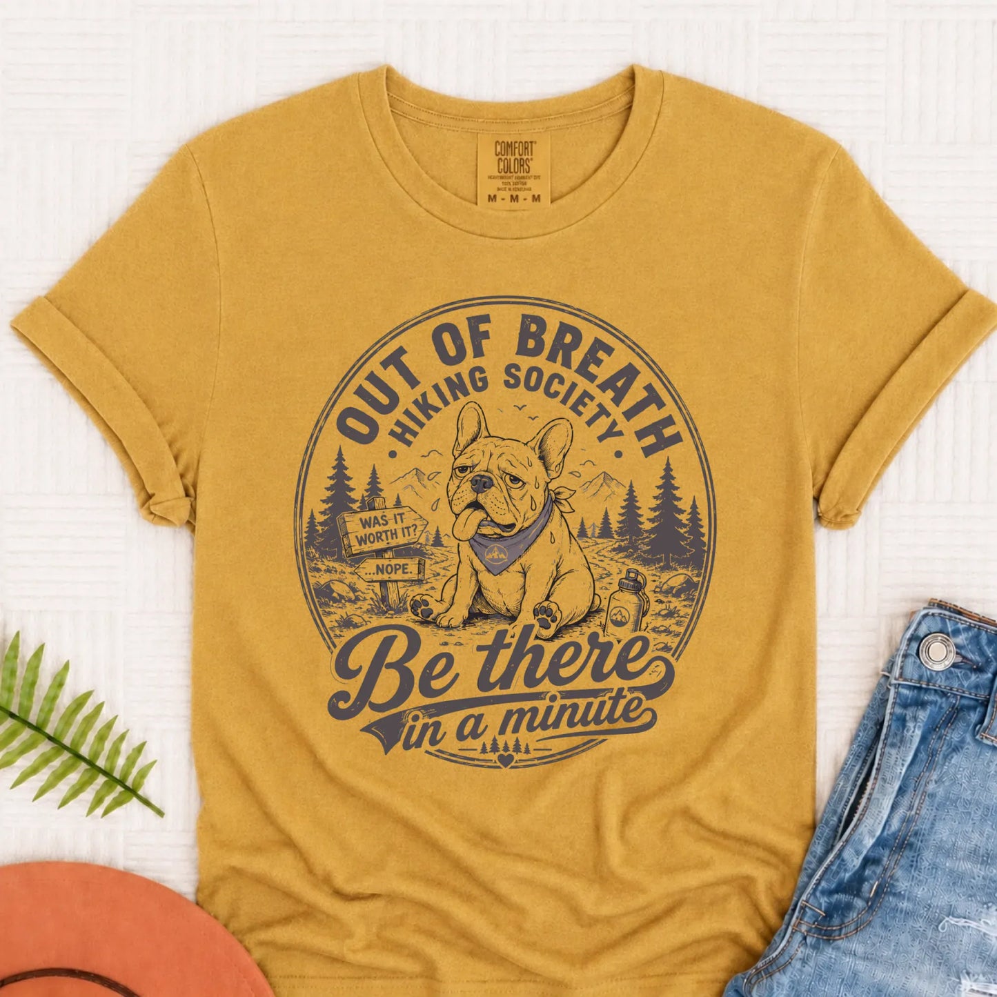 Frenchie Out of Breath Hiking Unisex TShirt Mustard