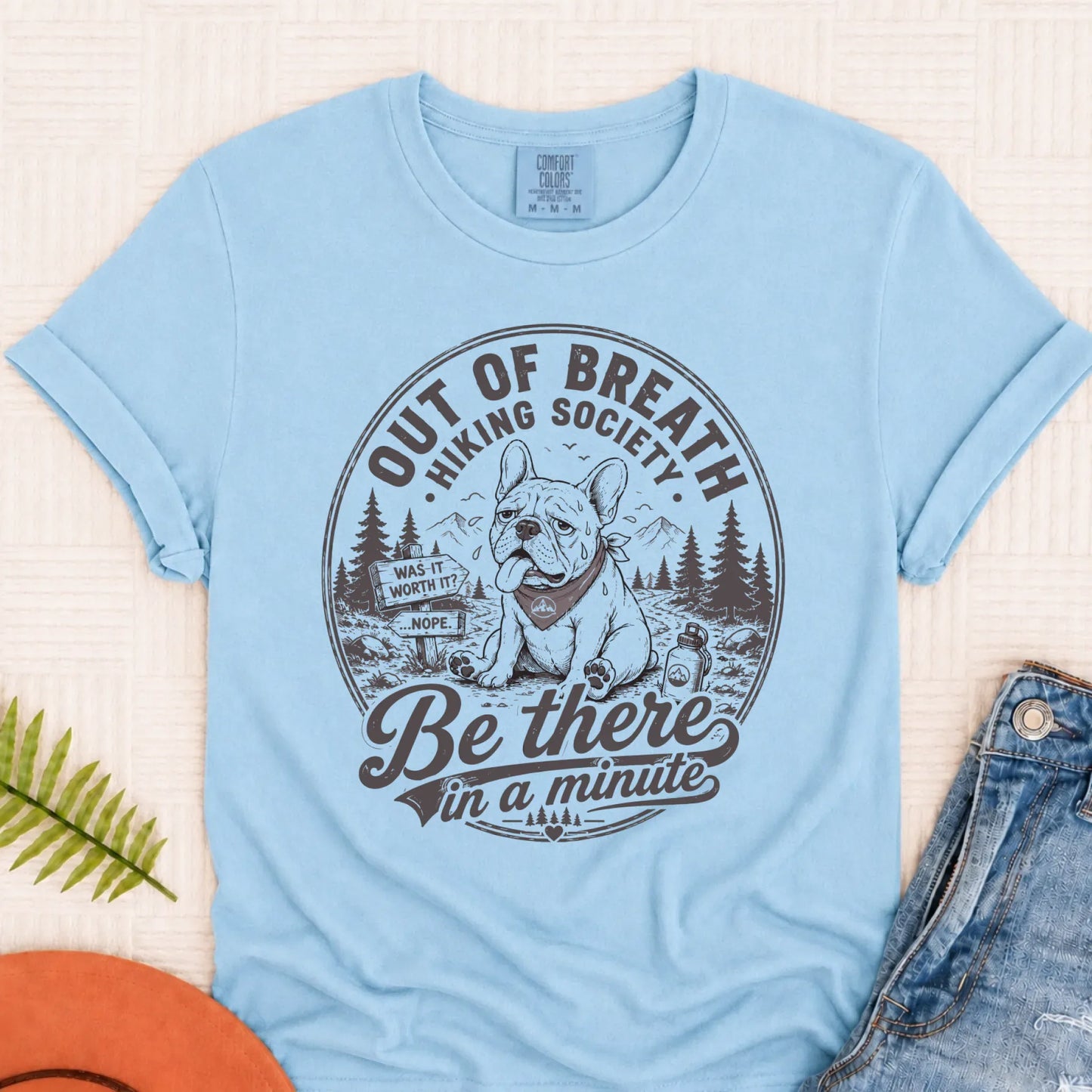Frenchie Out of Breath Hiking Unisex TShirt Chambray